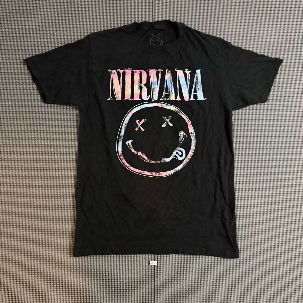 Nirvana Smiley Face Graphic T-Shirt Black Pastel Tie Dye Print Mens Medium